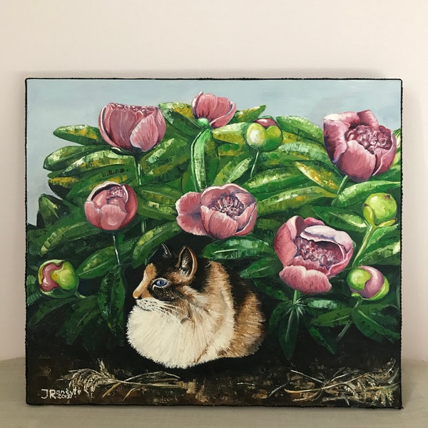 Tableau chat dans les pivoines/ l'huile sur toile/ peinture fleurs/ peinture animaux/ peinture couleurs vives/