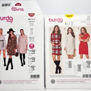 Pode incluir: Dois envelopes de moldes de costura Burda. Um apresenta tr&ecirc;s mulheres modelando vestidos, com o texto "burda easy" e "6055". O outro mostra tr&ecirc;s mulheres modelando vestidos, com o texto "burda style" e "6609".