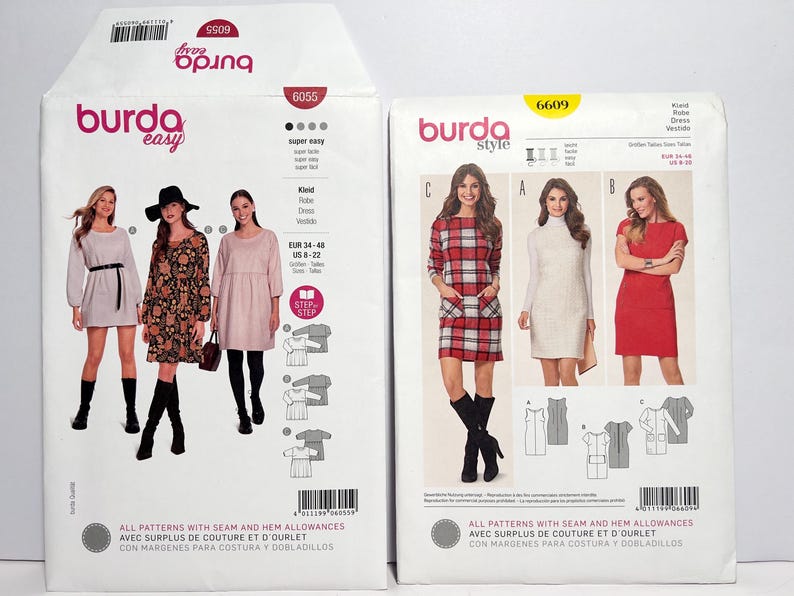 Pode incluir: Dois envelopes de moldes de costura Burda. Um apresenta tr&ecirc;s mulheres modelando vestidos, com o texto "burda easy" e "6055". O outro mostra tr&ecirc;s mulheres modelando vestidos, com o texto "burda style" e "6609".