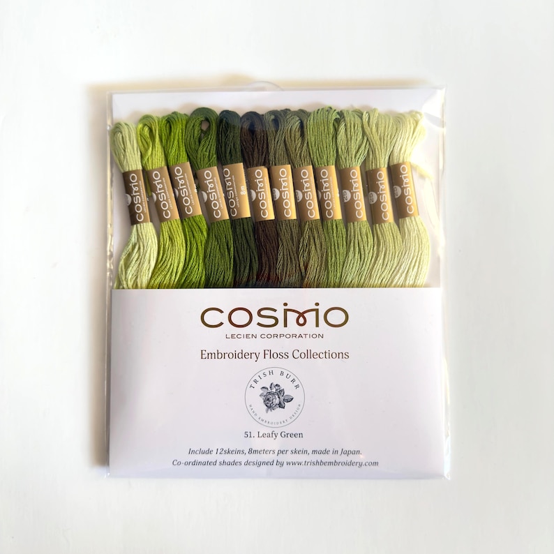 Cosmo Embroidery Floss and The Stitchery threads packs, includes 12 skeins Leafy Green