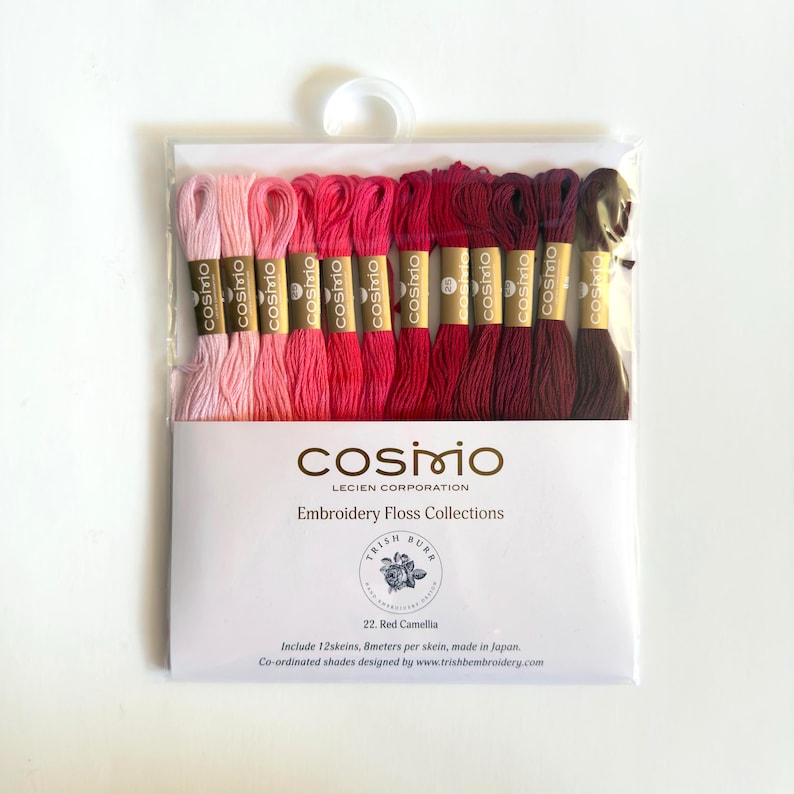 Cosmo Embroidery Floss and The Stitchery threads packs, includes 12 skeins Red Camellia