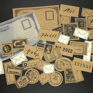 40 autocollants postaux estampés à la main, embellissements pour carnets indésirables et albums de coupures, lot d'autocollants vintage