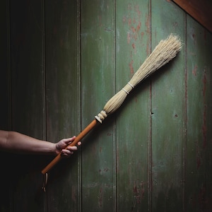May include: A long-handled broom featuring a smooth, polished wooden handle and a natural straw brush head. The bristles are tightly bound with light-coloured cord, and a small leather loop is attached to the base of the handle for hanging.