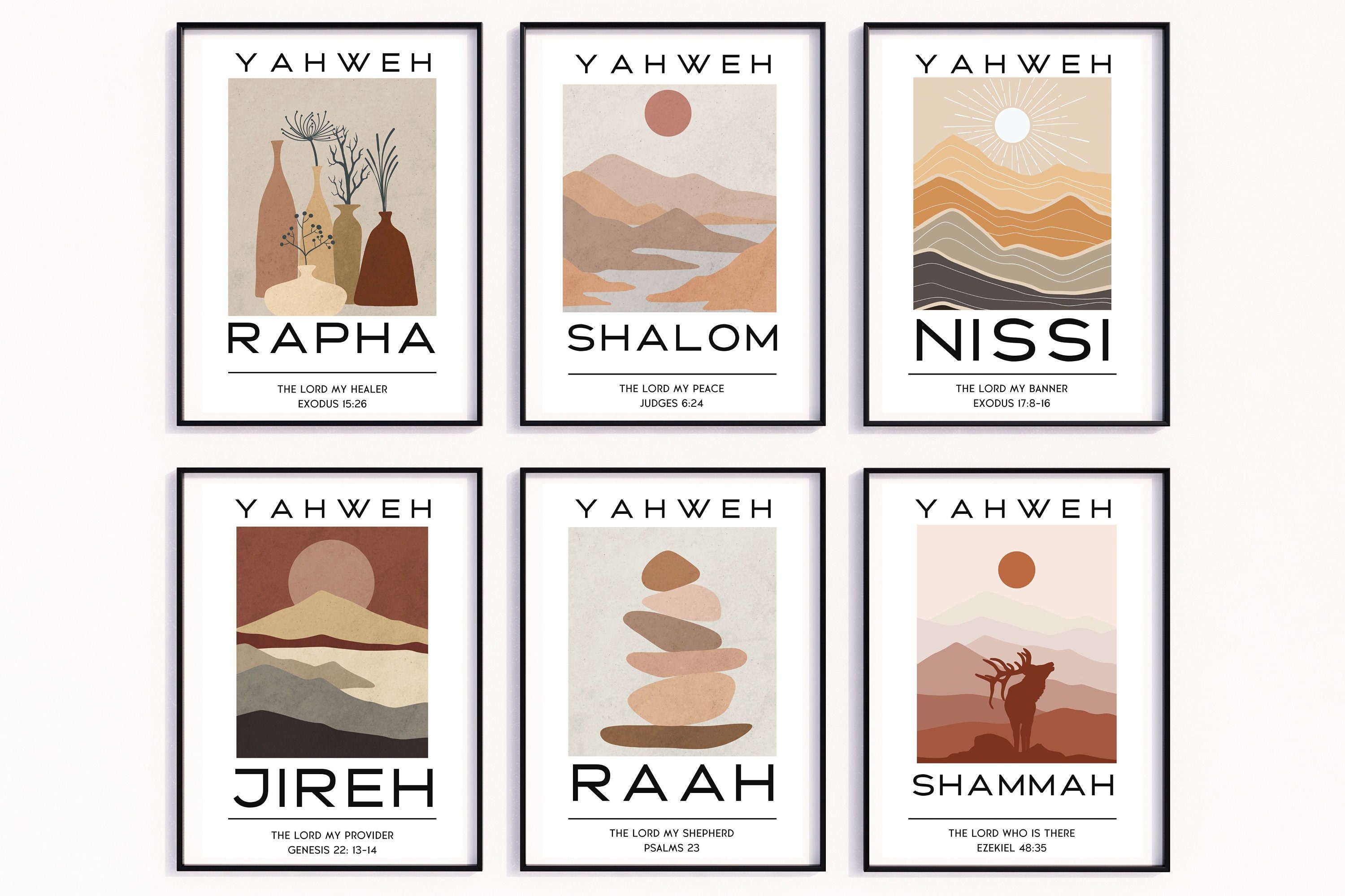 Set Of 6 Hebrew Names Of GOD YHWH, Christian Boho Printable Wall Art, Modern Wall Art Print, Minimalist Bible Art, Christian Home Decor