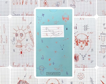 May include: A set of 16 tarot cards with hand-drawn illustrations on a gridded background. The cards are numbered and titled with Roman numerals. The cards are titled: Death, Seven of Wands, The Chariot, Ten of Swords, Knight of Wands, The Devil, Six of Cups, The Star, The Fool, The Wheel of Fortune, Two of Pentacles, Page of Wands, and Knight of Cups. The cards are part of a deck called "Boring Tarot".