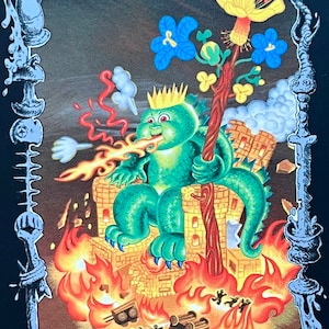 May include: A green monster with a crown and a red, orange, and yellow flame coming out of its mouth. The monster is sitting on a brown stick and holding a brown stick in its hand. The monster is surrounded by flames and a yellow, blue, and green flower. The text "KING OF WANDS" is at the bottom of the image.
