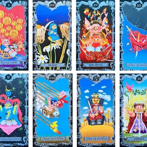 May include: A set of ten tarot cards featuring colorful illustrations of cartoon characters. The cards are numbered from II to XV and include the High Priestess, Death, The Devil, Ten of Coins, Eight of Wands, King of Swords, and Justice.