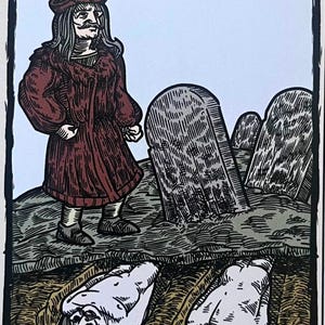 May include: A tarot card depicting a man in a red robe standing over two graves. The card is titled "Judgement" and has the text "Vlad's father and brother murdered" at the bottom. The card is numbered "XX" in the top right corner.