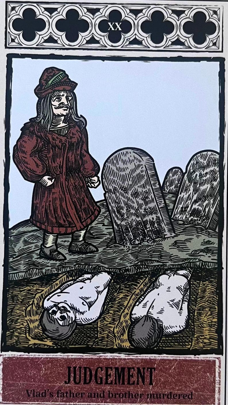 May include: A tarot card depicting a man in a red robe standing over two graves. The card is titled "Judgement" and has the text "Vlad's father and brother murdered" at the bottom. The card is numbered "XX" in the top right corner.