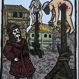 May include: A tarot card illustration depicting two figures impaled on stakes. The card is titled "Two of Stakes" and the text below the image reads "The deceit of Hamza and Katabolios".