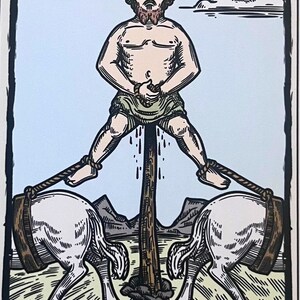 May include: A tarot card depicting a man tied to a pole between two horses. The card is titled "TEMPERANCE" and has the text "A slow execution" below the title. The card is numbered XIV.