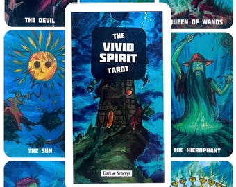 May include: The Vivid Spirit Tarot deck features colorful illustrations of the major arcana cards, including The Devil, The Sun, The Hierophant, Strength, The Hanged Man, and Queen of Wands. The cards are set against a blue background with a dark blue border.