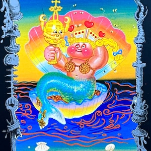 May include: A colorful tarot card illustration of the Queen of Cups. The Queen is a mermaid with a crown, holding a golden cup. She is sitting in a seashell on a blue and yellow background with red and orange waves.