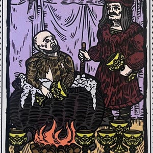 May include: A tarot card illustration depicting the Seven of Cups. The card features a man sitting in a cauldron, with a woman standing behind him. The woman is holding a cup, and there are six other cups in the foreground. The card's title, "SEVEN OF CUPS", is printed at the top. The text at the bottom reads, "Serving soup from a boiled thief."
