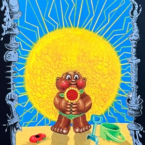 May include: A tarot card depicting The Sun, the 19th card in the Major Arcana. The card features a yellow sun with a smiling brown-skinned person with a sunflower in their hands. The person is standing on a yellow beach with a red toy car and a green bucket.
