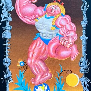 May include: A tarot card depicting a muscular woman in a white and blue outfit, balancing a ball on one foot. The card is titled "Strength" and is framed with ornate details. The background is a brown and gold color.