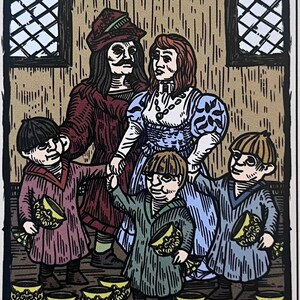 May include: A vintage tarot card illustration depicting the Ten of Cups card. The card features a family of five, including a man, a woman, and three children, all holding golden cups. The card is titled "Ten of Cups" and has the text "Vlad Dracula and his family" at the bottom.