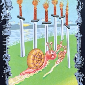 May include: A tarot card illustration depicting the Six of Swords card. The card features a snail with a purple and yellow shell, crawling across a green field. There are six swords in the background, each with a flame on top. The card is surrounded by a black border with ornate details.