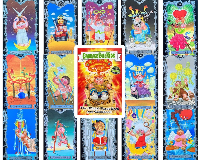 May include: A set of Garbage Pail Kids Tarot cards featuring colorful illustrations of the characters. The cards are arranged in a grid with the title "Garbage Pail Kids The Official Tarot Deck and Guidebook" in the center.