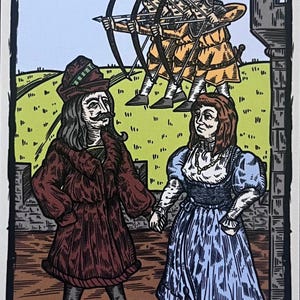 May include: A tarot card illustration depicting a couple standing together. The man is wearing a brown coat and a green hat. The woman is wearing a blue dress and a white necklace. The card is titled "THE LOVERS" with the text "Vlad and his wife" below. The card is surrounded by a black and white border.