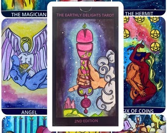 May include: A tarot deck with colorful illustrations of various figures and symbols. The cards are arranged in a grid pattern, with the title "The Earthly Delights Tarot" and "2nd Edition" visible on the center card.