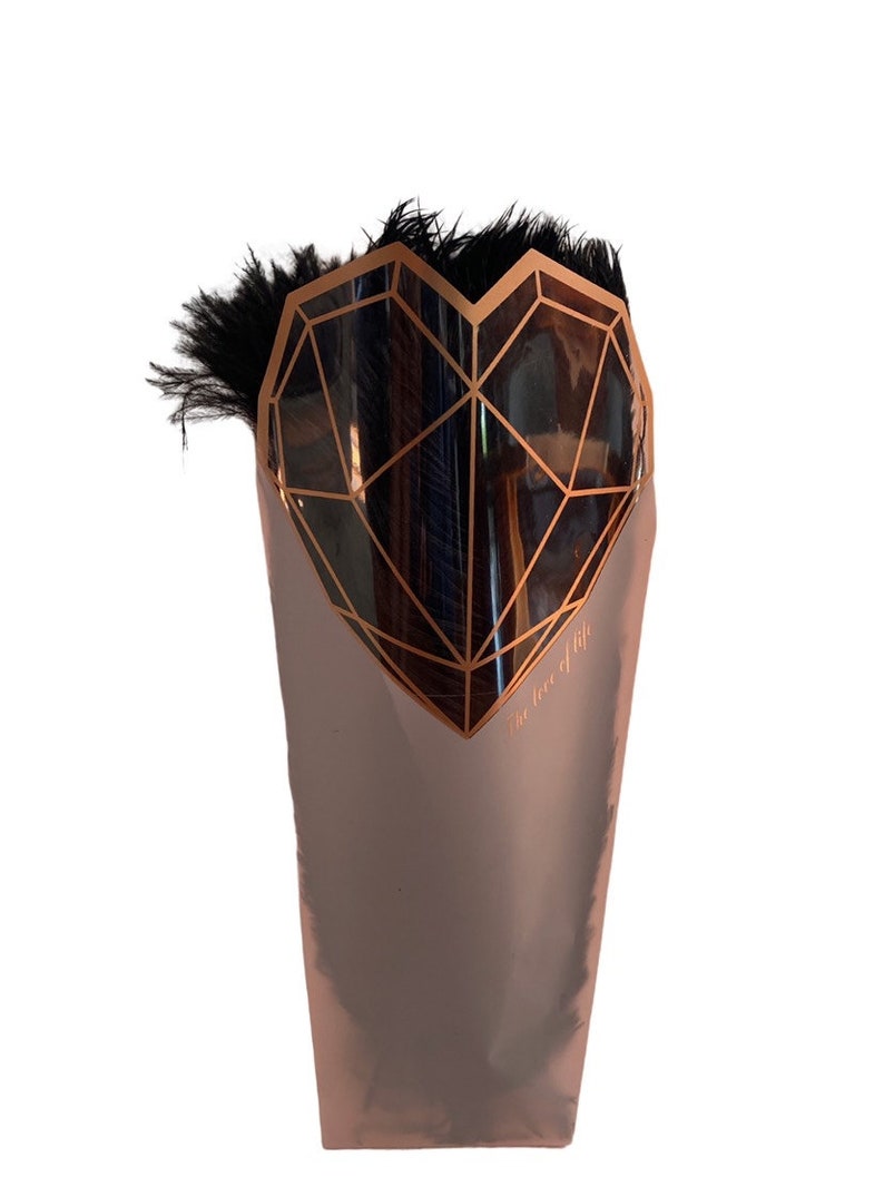 Puede incluir: Una bolsa de regalo de color oro rosa met&aacute;lico con un dise&ntilde;o de coraz&oacute;n geom&eacute;trico en cobre. El coraz&oacute;n est&aacute; lleno de plumas negras. Las palabras "the love of life" est&aacute;n impresas en el lateral de la bolsa.