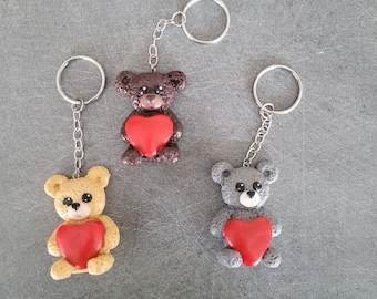 Porte clés ours St Valentin , Bijoux de sacs, ours brun, beige, gris , cadeaux fait mains en france, pate fimo