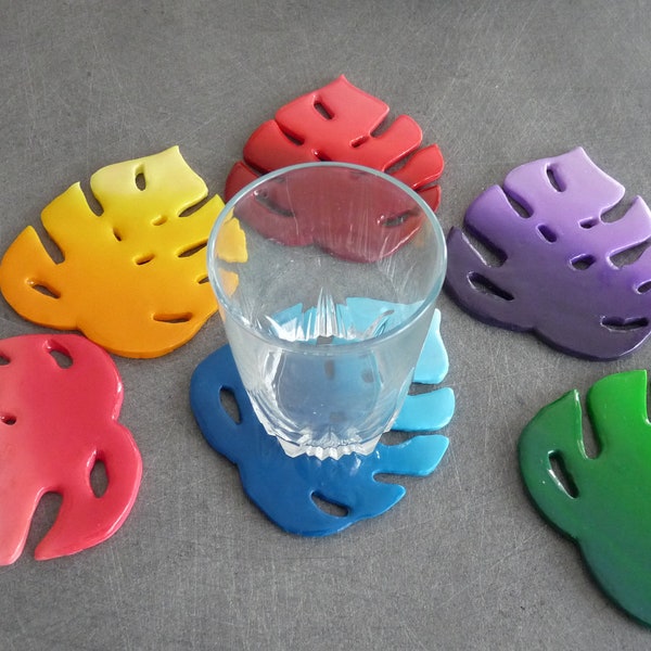 Dessous de verres, Sous verres en pate fimo, Fait mains, Dégradé de couleurs, Feuilles monstera