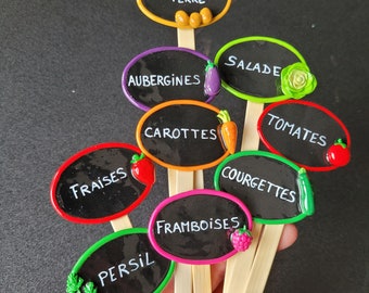 Pancarte potager, étiquettes pour fruits et légumes du jardin, fait mains, fimo