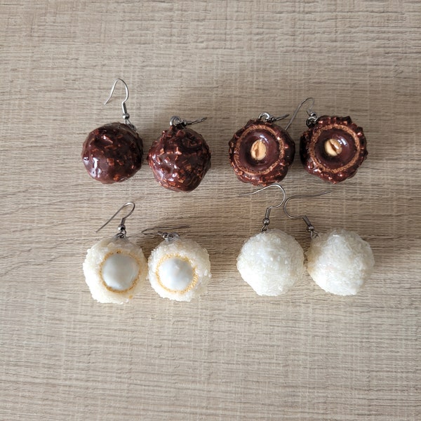 Boucles d'oreilles rocher chocolat noisettes, Boucles pendantes chocolat, Boucles d'oreilles coco, argile polymère, fimo, cadeau