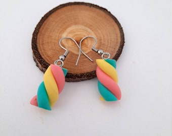 Boucles d'oreilles chamallow, guimauve rose, jaune, vert, Boucles gourmandes, Cadeau original, Cadeau fait mains