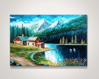 Impasto Oil Painting: Mountain Lake Landscape on Canvas