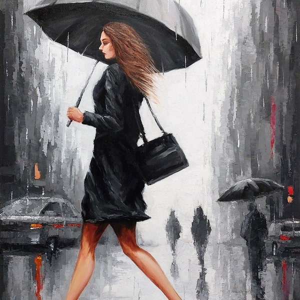 Marcher sous la pluie 3 - impression de peinture à l’huile originale sur toile tendue, prêt à accrocher