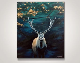 Hirsch Malerei: Original Tier Kunstwerk auf gespannter Leinwand