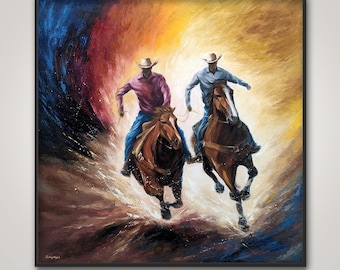 馬に乗ったカウボーイ牧場主 - フィリップ グッドウィンの手描き油絵