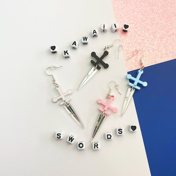 Kawaii Swords Earrings | Kawaii Weapon Jewelry Line | Gifts for Hardcore Cute Friends | Kawaii Aesthetic | Earrings for Kawaii Baddies