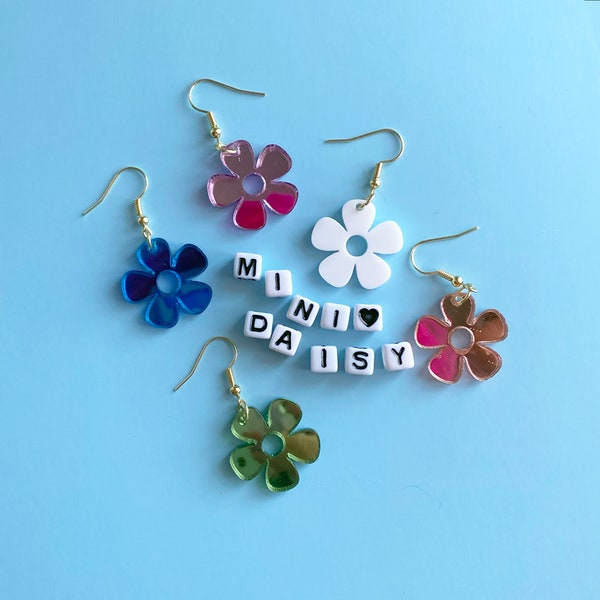 Mini Daisy Earrings | Flowers Jewelry | Small and Cute Mirror Acrylic & White Mod | 5 Different Colors | Gifts for Friends