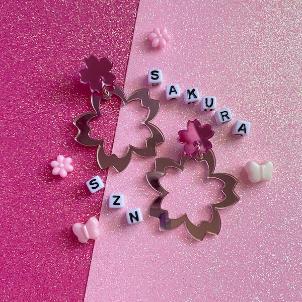 Sakura Szn Earrings, Cherry Blossom Season Earrings, Kawaii Shiny Reflective Pink Mirror Earring, Perfect for Hanami Watching