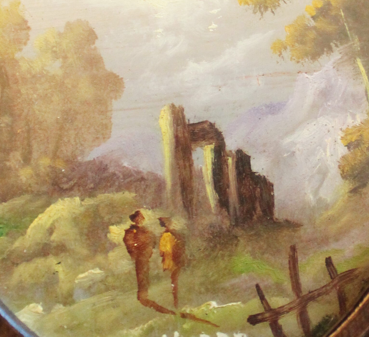 Petit Tableau Romantique, Paysage Impressionniste Aux Ruines Antiques, Sous Verre et Cadre Bois Vint