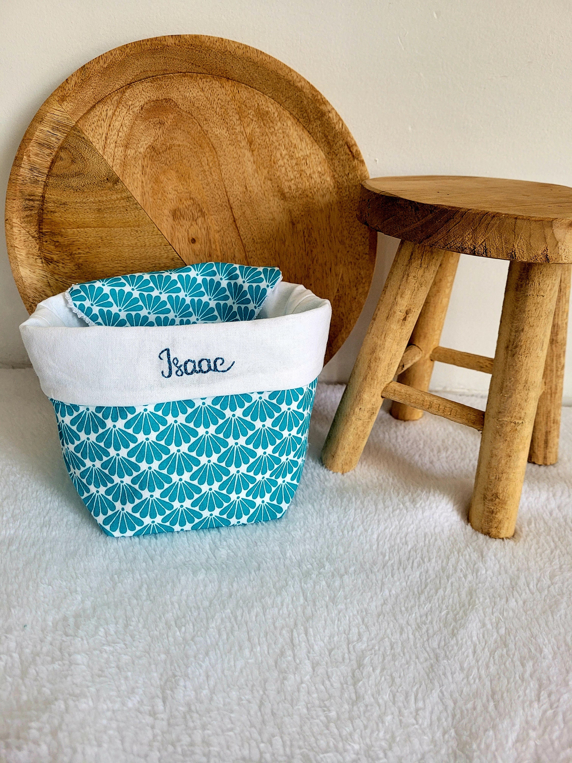 Paniers de Rangement Tissus Personnalisés/Brodés à La Main Prénom + Lingettes Lavables Soin/Démaquil