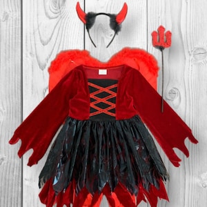 RESTOCKED! Girls/Toddler/Tween Devil Costume - 4 Piece Set, Dress, Wings, Headband & Pitchfork, Red And Black Lucifer Costume For Kid&#39;s