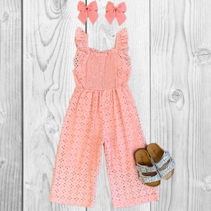 Girls/Toddler/Baby Eyelet Lace Jumpsuit, 6 12 18 Months 2T 3T 4T 5 6 7 8 10 12 14 Years, Outfit, Pink, Olive Green, Mint Or Rust! Spring