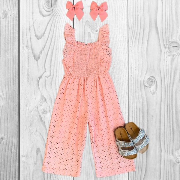 Girls/Toddler/Baby Eyelet Lace Jumpsuit, 6 12 18 Months 2T 3T 4T 5 6 7 8 10 12 14 Years, Outfit, Pink, Olive Green, Mint Or Rust! Spring