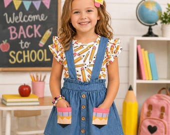 Girls White Chambray Suspender Skirt Set – Toddler & Youth Sizes – Back to School Outfit, First Day of School Look