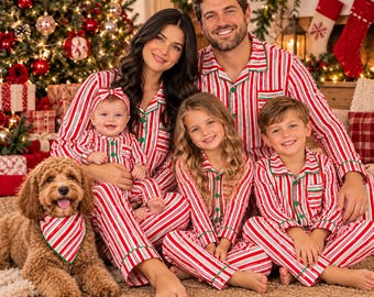 Candy Cane Family Christmas Pajamas, Matching Holiday PJs for Adults & Kids, Pet Bandana, Christmas Pajama Set
