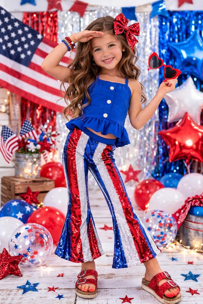 May include: A young person wearing a patriotic outfit. The outfit includes a blue top with white buttons and ruffled hem, and sequined red, white, and blue striped pants. Red heart-shaped sunglasses and a red bow complete the look.