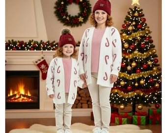 RESTOCKED! Candy Cane Cardigan, Mommy and Me Matching Sweaters, Cozy Holiday Tops, Plus Size Options, Girls Toddler Baby Outfits
