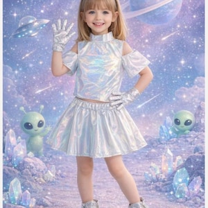 RESTOCKED! Girls Alien Costume, Toddler Alien Costume, Silver Holographic Halloween Costume, 4 Piece Extraterrestrial Dress Up Set, Toddler