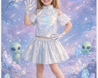 RESTOCKED! Girls Alien Costume, Toddler Alien Costume, Silver Holographic Halloween Costume, 4 Piece Extraterrestrial Dress Up Set, Toddler