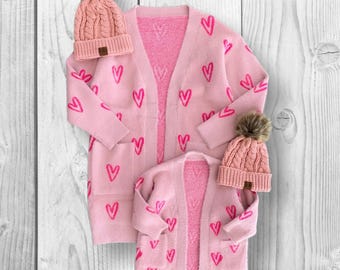 RESTOCKED! Mommy & Mini Pink Heart Cardigan, Matching Mommy And Me, Boutique Long Sleeve Valentine&#39;s Day Coordinating, Mom and Me
